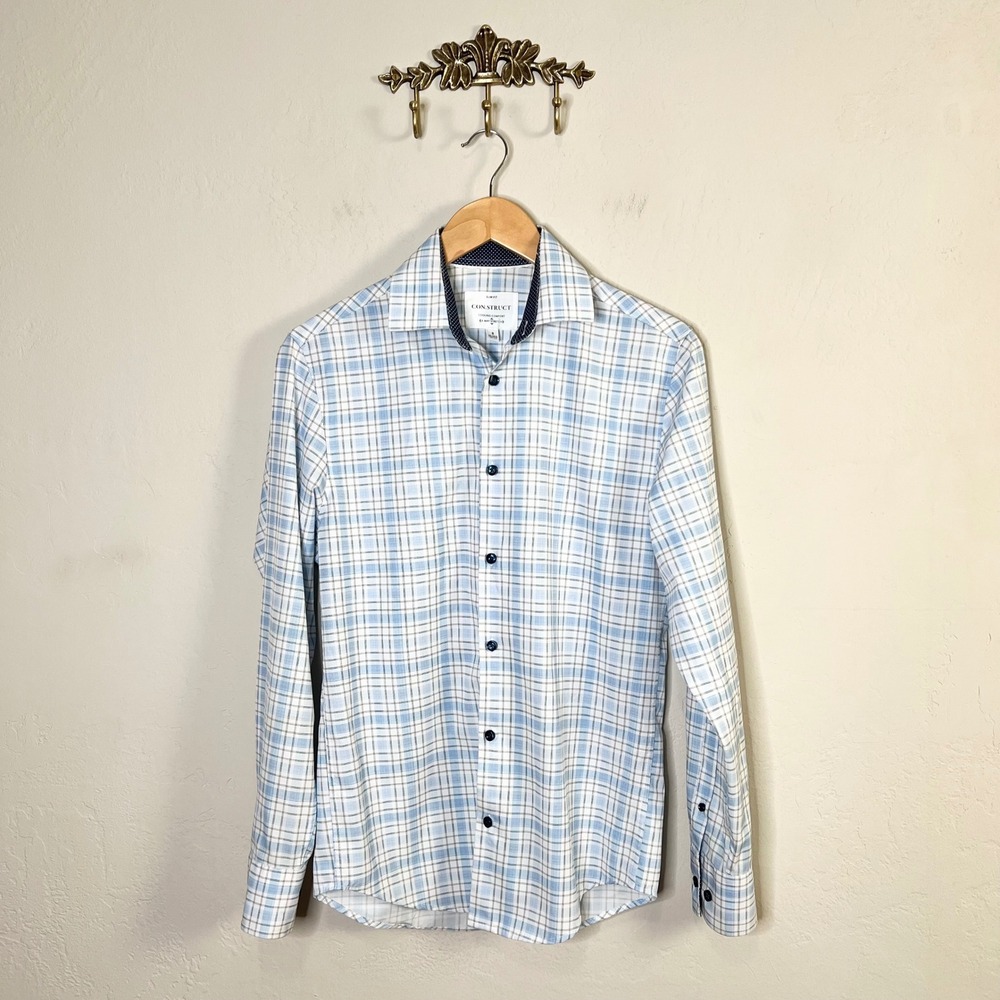 CON.STRUCT Dress Shirt Cooling Comfort Mens Size S Blue Plaid 4-Way Stretch Slim